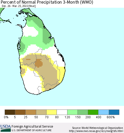 Sri Lanka Percent of Normal Precipitation 3-Month (WMO) Thematic Map For 12/26/2021 - 3/25/2022