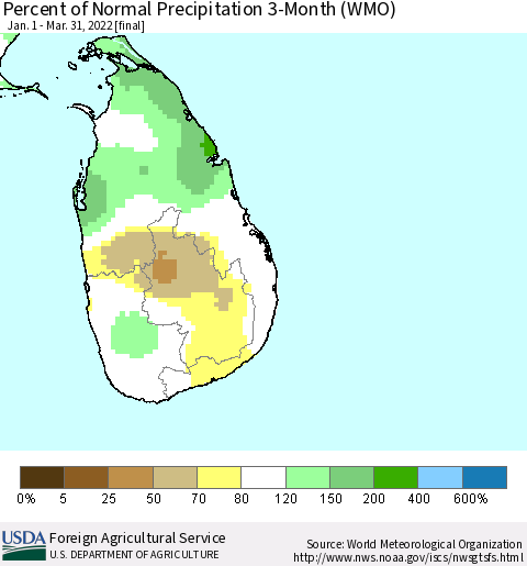 Sri Lanka Percent of Normal Precipitation 3-Month (WMO) Thematic Map For 1/1/2022 - 3/31/2022