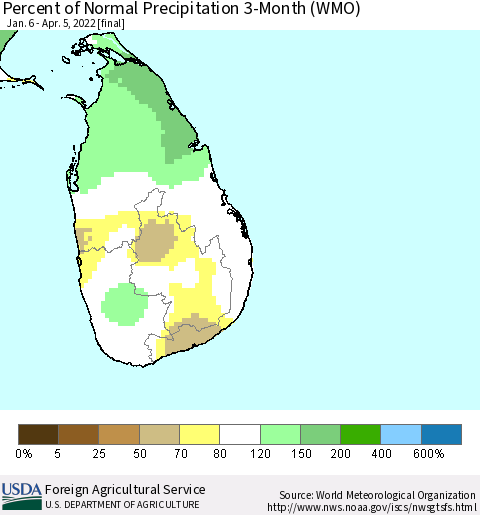 Sri Lanka Percent of Normal Precipitation 3-Month (WMO) Thematic Map For 1/6/2022 - 4/5/2022
