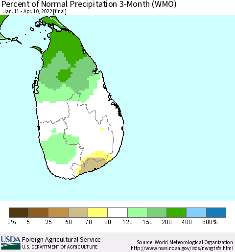 Sri Lanka Percent of Normal Precipitation 3-Month (WMO) Thematic Map For 1/11/2022 - 4/10/2022