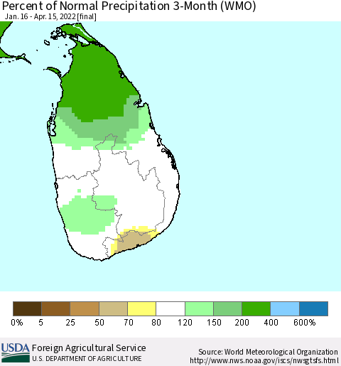 Sri Lanka Percent of Normal Precipitation 3-Month (WMO) Thematic Map For 1/16/2022 - 4/15/2022