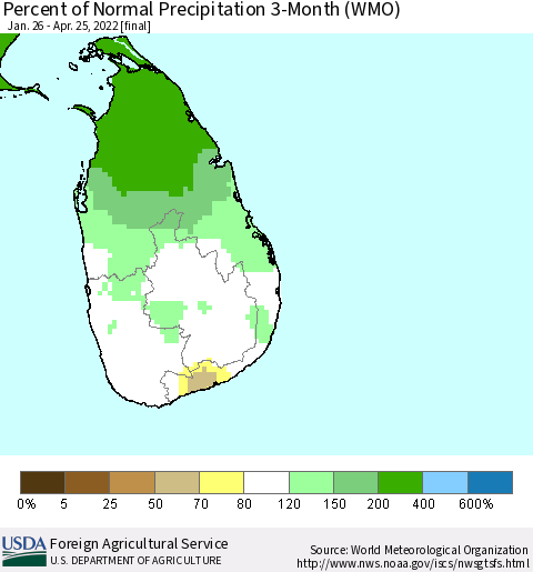 Sri Lanka Percent of Normal Precipitation 3-Month (WMO) Thematic Map For 1/26/2022 - 4/25/2022