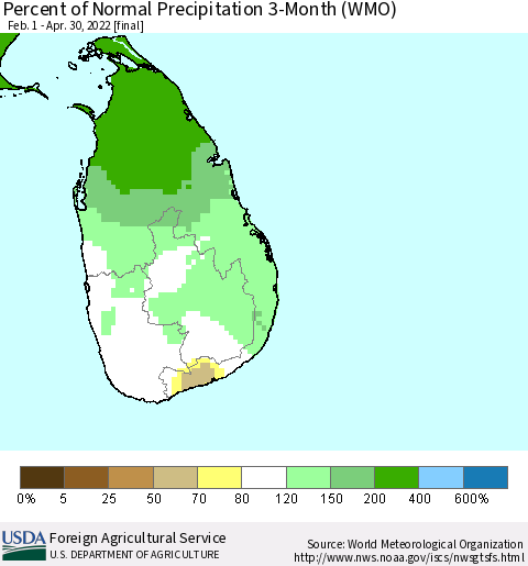 Sri Lanka Percent of Normal Precipitation 3-Month (WMO) Thematic Map For 2/1/2022 - 4/30/2022