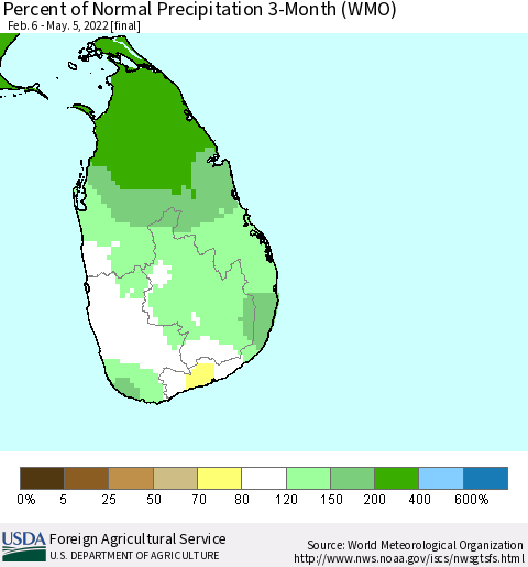 Sri Lanka Percent of Normal Precipitation 3-Month (WMO) Thematic Map For 2/6/2022 - 5/5/2022
