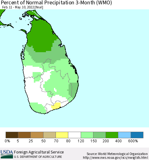 Sri Lanka Percent of Normal Precipitation 3-Month (WMO) Thematic Map For 2/11/2022 - 5/10/2022