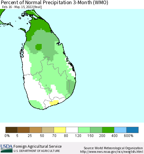 Sri Lanka Percent of Normal Precipitation 3-Month (WMO) Thematic Map For 2/16/2022 - 5/15/2022