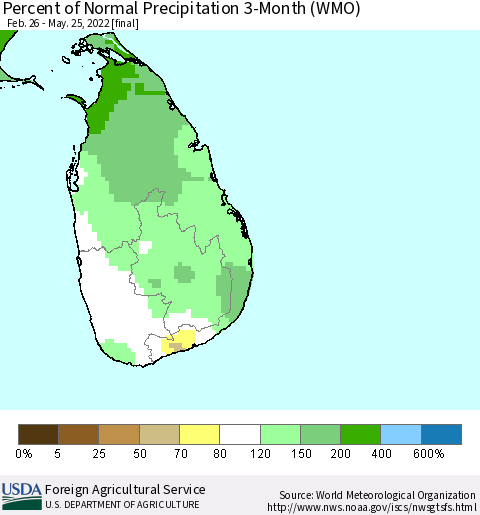 Sri Lanka Percent of Normal Precipitation 3-Month (WMO) Thematic Map For 2/26/2022 - 5/25/2022