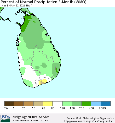 Sri Lanka Percent of Normal Precipitation 3-Month (WMO) Thematic Map For 3/1/2022 - 5/31/2022