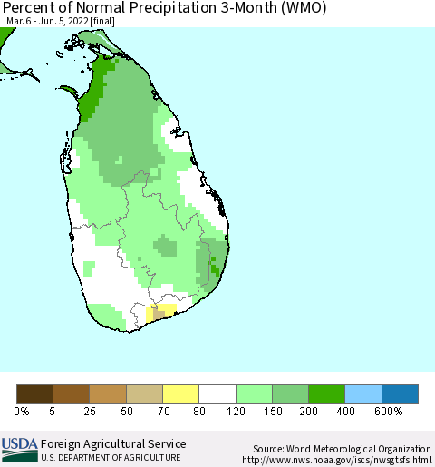Sri Lanka Percent of Normal Precipitation 3-Month (WMO) Thematic Map For 3/6/2022 - 6/5/2022