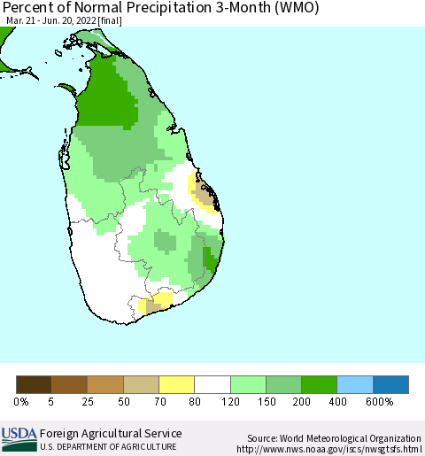 Sri Lanka Percent of Normal Precipitation 3-Month (WMO) Thematic Map For 3/21/2022 - 6/20/2022