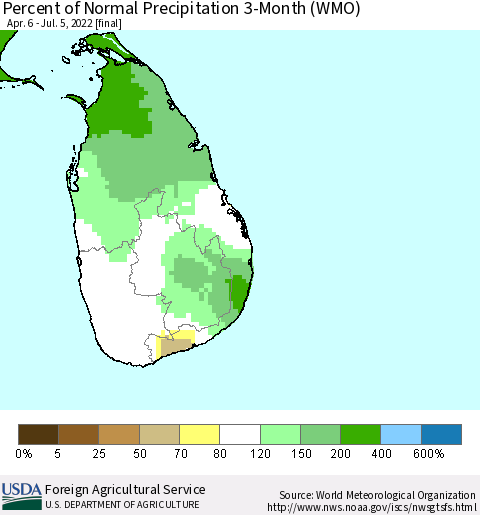 Sri Lanka Percent of Normal Precipitation 3-Month (WMO) Thematic Map For 4/6/2022 - 7/5/2022