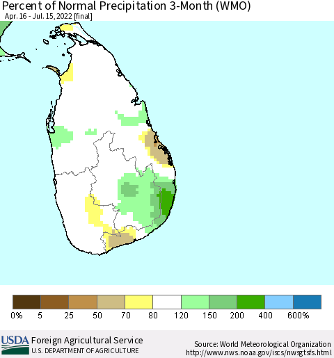 Sri Lanka Percent of Normal Precipitation 3-Month (WMO) Thematic Map For 4/16/2022 - 7/15/2022