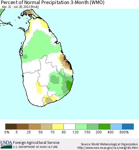 Sri Lanka Percent of Normal Precipitation 3-Month (WMO) Thematic Map For 4/21/2022 - 7/20/2022