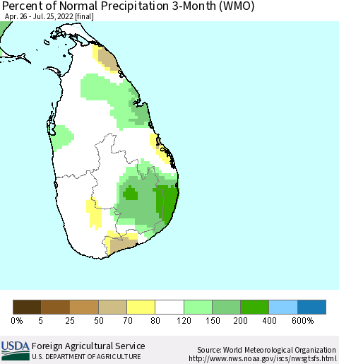 Sri Lanka Percent of Normal Precipitation 3-Month (WMO) Thematic Map For 4/26/2022 - 7/25/2022
