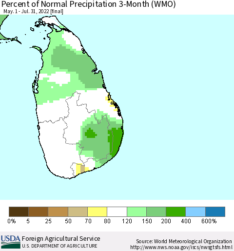 Sri Lanka Percent of Normal Precipitation 3-Month (WMO) Thematic Map For 5/1/2022 - 7/31/2022