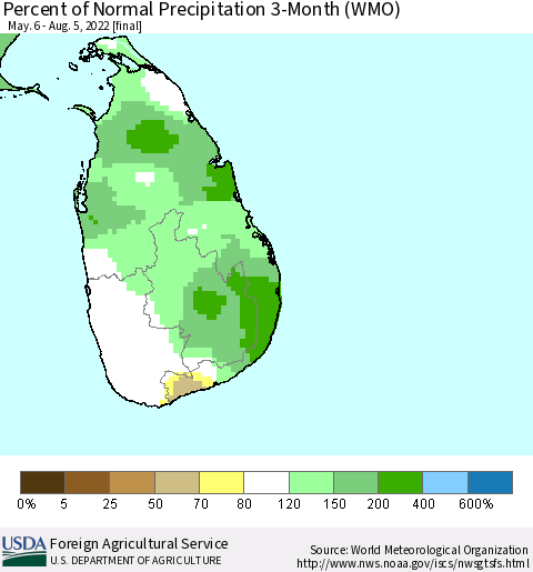Sri Lanka Percent of Normal Precipitation 3-Month (WMO) Thematic Map For 5/6/2022 - 8/5/2022
