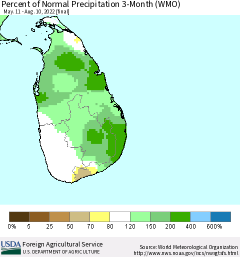 Sri Lanka Percent of Normal Precipitation 3-Month (WMO) Thematic Map For 5/11/2022 - 8/10/2022