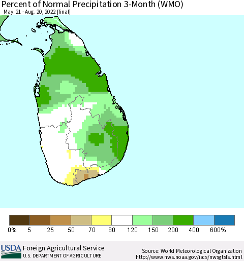 Sri Lanka Percent of Normal Precipitation 3-Month (WMO) Thematic Map For 5/21/2022 - 8/20/2022