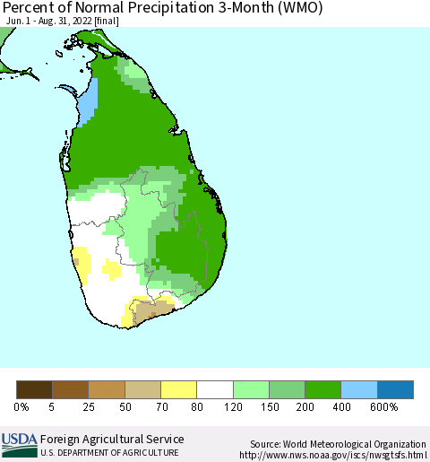 Sri Lanka Percent of Normal Precipitation 3-Month (WMO) Thematic Map For 6/1/2022 - 8/31/2022