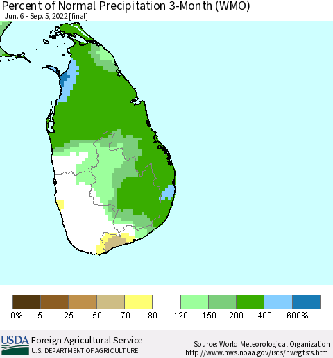 Sri Lanka Percent of Normal Precipitation 3-Month (WMO) Thematic Map For 6/6/2022 - 9/5/2022