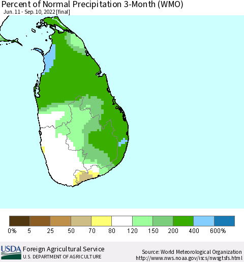 Sri Lanka Percent of Normal Precipitation 3-Month (WMO) Thematic Map For 6/11/2022 - 9/10/2022