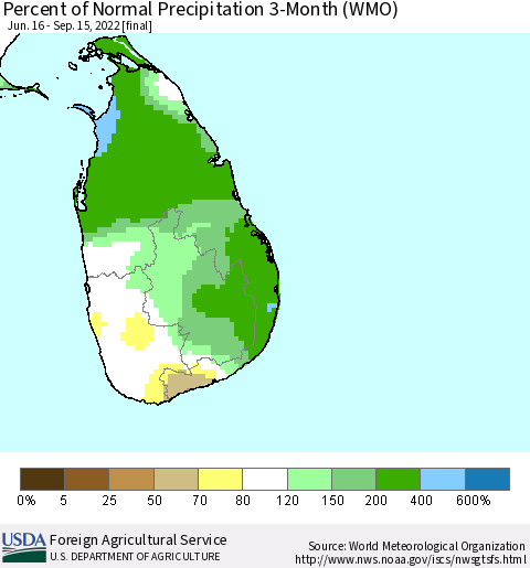 Sri Lanka Percent of Normal Precipitation 3-Month (WMO) Thematic Map For 6/16/2022 - 9/15/2022