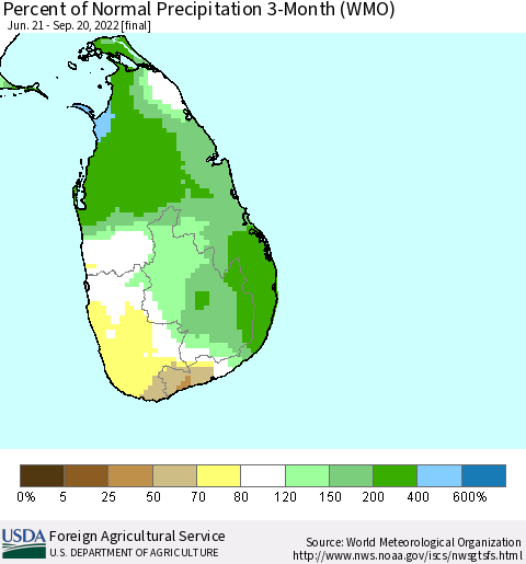 Sri Lanka Percent of Normal Precipitation 3-Month (WMO) Thematic Map For 6/21/2022 - 9/20/2022