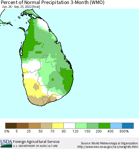 Sri Lanka Percent of Normal Precipitation 3-Month (WMO) Thematic Map For 6/26/2022 - 9/25/2022
