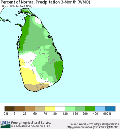 Sri Lanka Percent of Normal Precipitation 3-Month (WMO) Thematic Map For 7/1/2022 - 9/30/2022