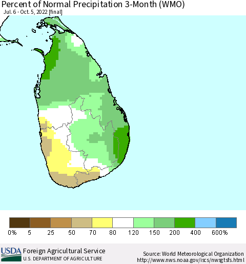 Sri Lanka Percent of Normal Precipitation 3-Month (WMO) Thematic Map For 7/6/2022 - 10/5/2022
