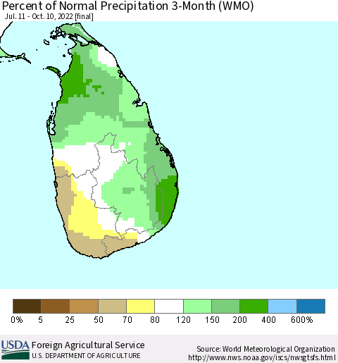 Sri Lanka Percent of Normal Precipitation 3-Month (WMO) Thematic Map For 7/11/2022 - 10/10/2022