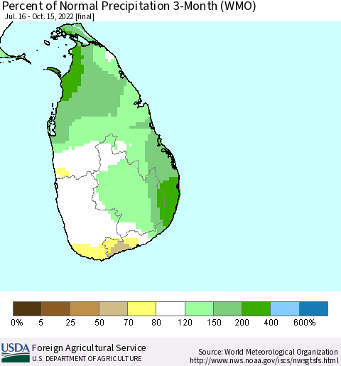 Sri Lanka Percent of Normal Precipitation 3-Month (WMO) Thematic Map For 7/16/2022 - 10/15/2022