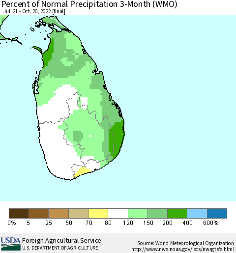 Sri Lanka Percent of Normal Precipitation 3-Month (WMO) Thematic Map For 7/21/2022 - 10/20/2022