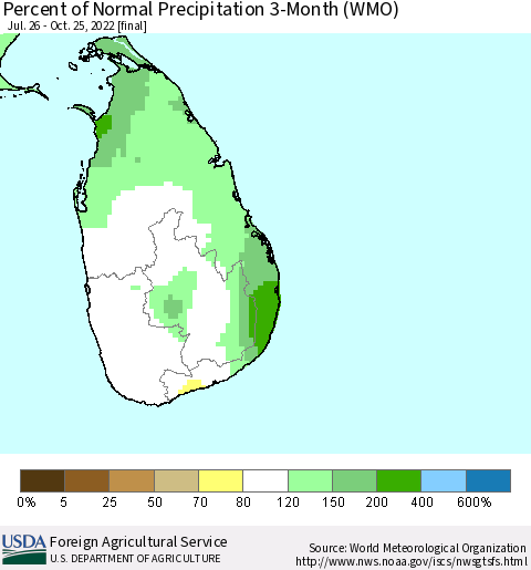 Sri Lanka Percent of Normal Precipitation 3-Month (WMO) Thematic Map For 7/26/2022 - 10/25/2022