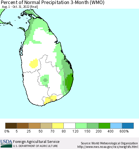Sri Lanka Percent of Normal Precipitation 3-Month (WMO) Thematic Map For 8/1/2022 - 10/31/2022