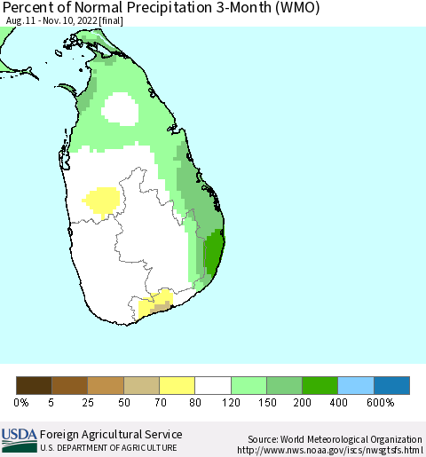 Sri Lanka Percent of Normal Precipitation 3-Month (WMO) Thematic Map For 8/11/2022 - 11/10/2022