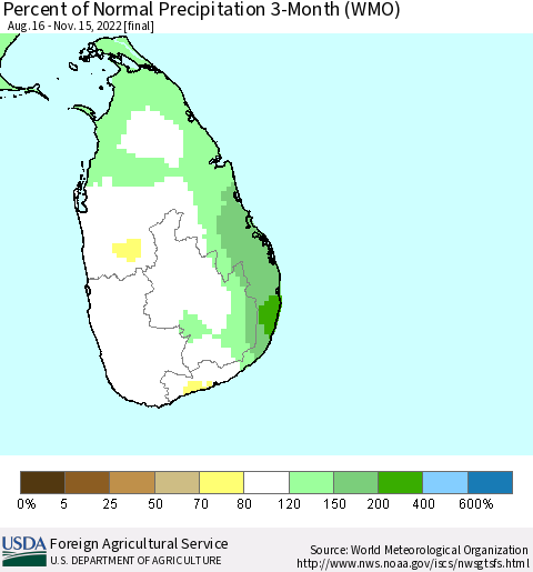 Sri Lanka Percent of Normal Precipitation 3-Month (WMO) Thematic Map For 8/16/2022 - 11/15/2022