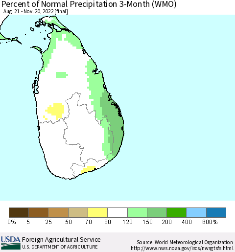 Sri Lanka Percent of Normal Precipitation 3-Month (WMO) Thematic Map For 8/21/2022 - 11/20/2022