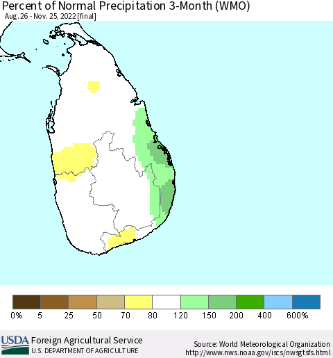 Sri Lanka Percent of Normal Precipitation 3-Month (WMO) Thematic Map For 8/26/2022 - 11/25/2022