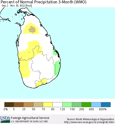 Sri Lanka Percent of Normal Precipitation 3-Month (WMO) Thematic Map For 9/1/2022 - 11/30/2022