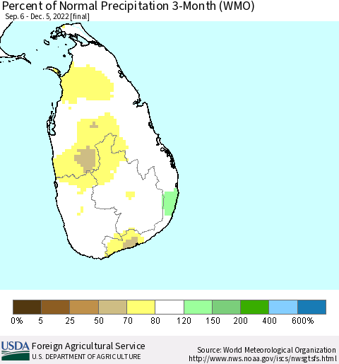 Sri Lanka Percent of Normal Precipitation 3-Month (WMO) Thematic Map For 9/6/2022 - 12/5/2022