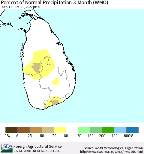 Sri Lanka Percent of Normal Precipitation 3-Month (WMO) Thematic Map For 9/11/2022 - 12/10/2022