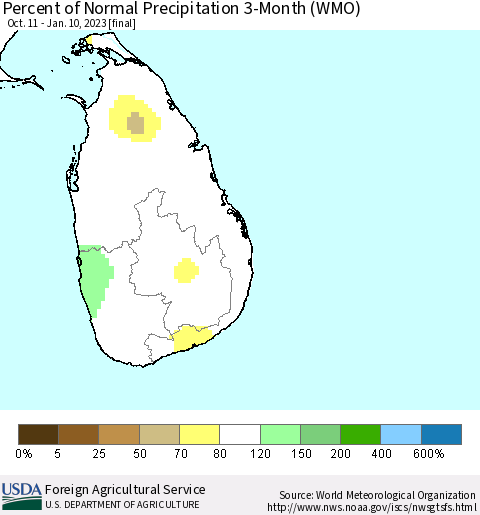 Sri Lanka Percent of Normal Precipitation 3-Month (WMO) Thematic Map For 10/11/2022 - 1/10/2023