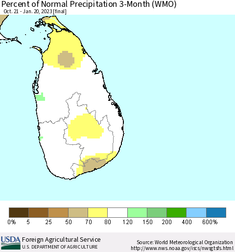 Sri Lanka Percent of Normal Precipitation 3-Month (WMO) Thematic Map For 10/21/2022 - 1/20/2023