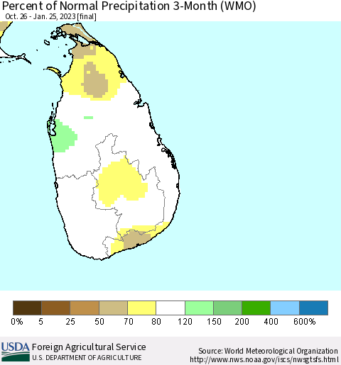 Sri Lanka Percent of Normal Precipitation 3-Month (WMO) Thematic Map For 10/26/2022 - 1/25/2023