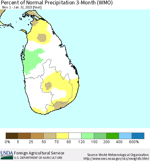 Sri Lanka Percent of Normal Precipitation 3-Month (WMO) Thematic Map For 11/1/2022 - 1/31/2023