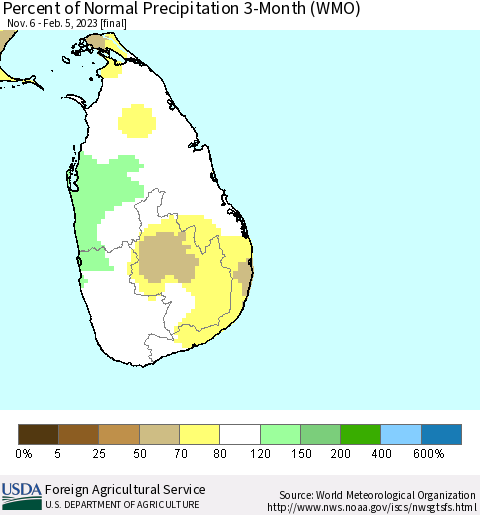 Sri Lanka Percent of Normal Precipitation 3-Month (WMO) Thematic Map For 11/6/2022 - 2/5/2023