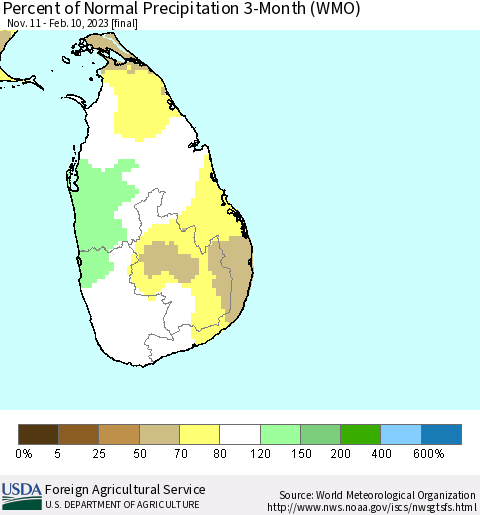 Sri Lanka Percent of Normal Precipitation 3-Month (WMO) Thematic Map For 11/11/2022 - 2/10/2023