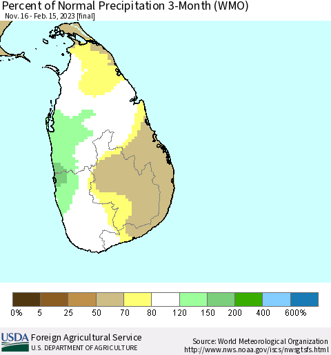 Sri Lanka Percent of Normal Precipitation 3-Month (WMO) Thematic Map For 11/16/2022 - 2/15/2023