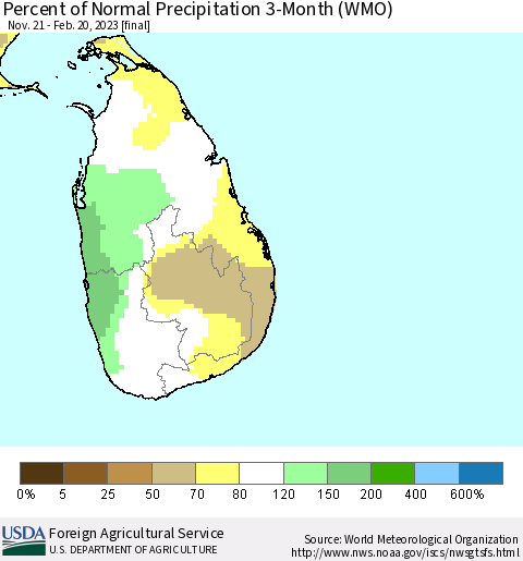 Sri Lanka Percent of Normal Precipitation 3-Month (WMO) Thematic Map For 11/21/2022 - 2/20/2023